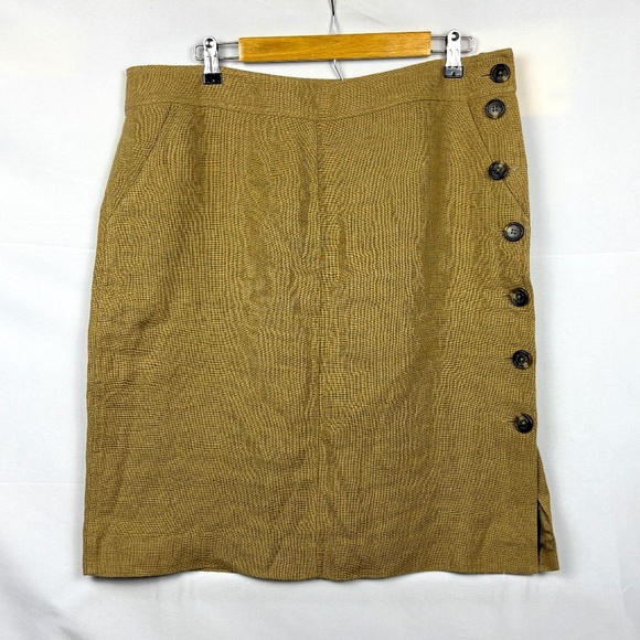 Lauren Ralph Lauren Womens 100% Linen Pencil SkirSz 14 Tan Button Natural Preppy - Picture 1 of 11